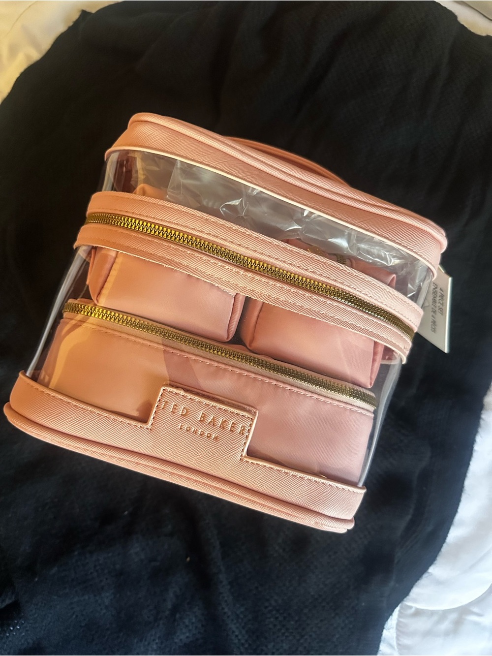 Ted Baker blush pink clear cosmetic organizer with gold zippers